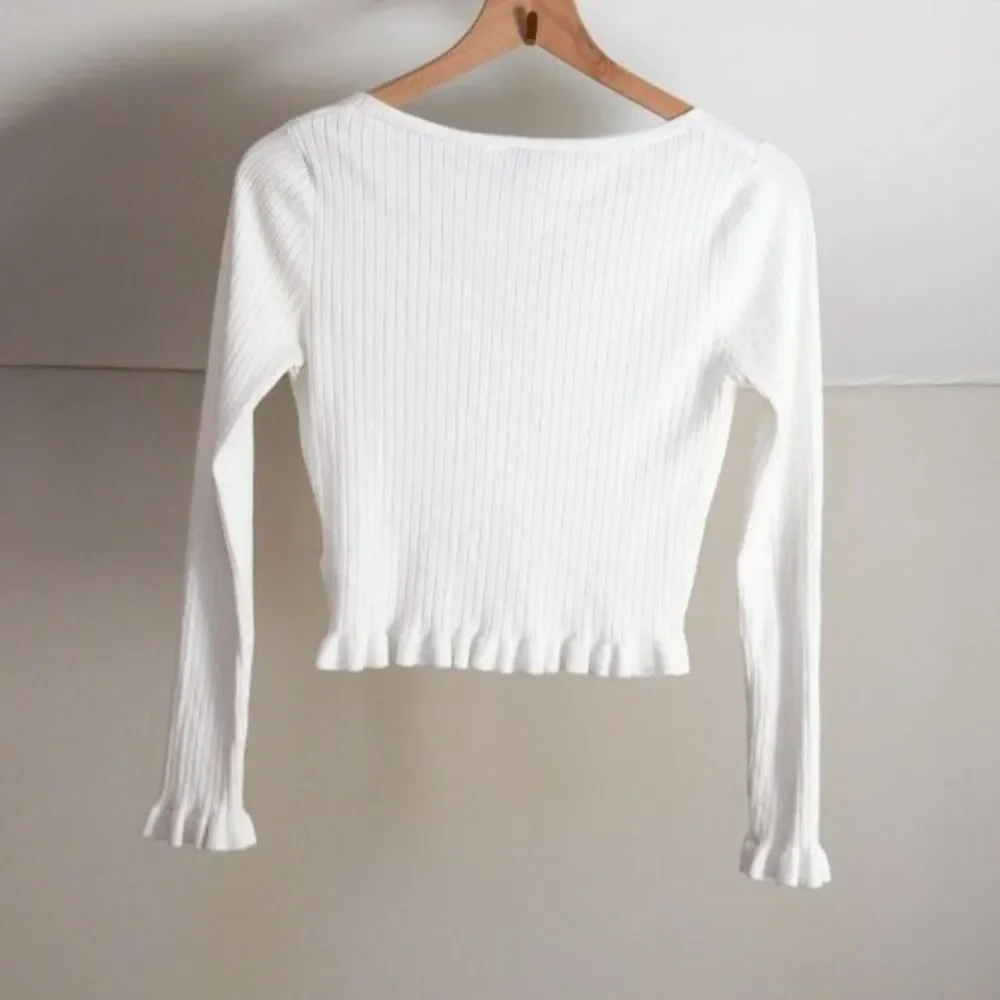 HM Women's white ribbed V-neck ruffle cardigan Small